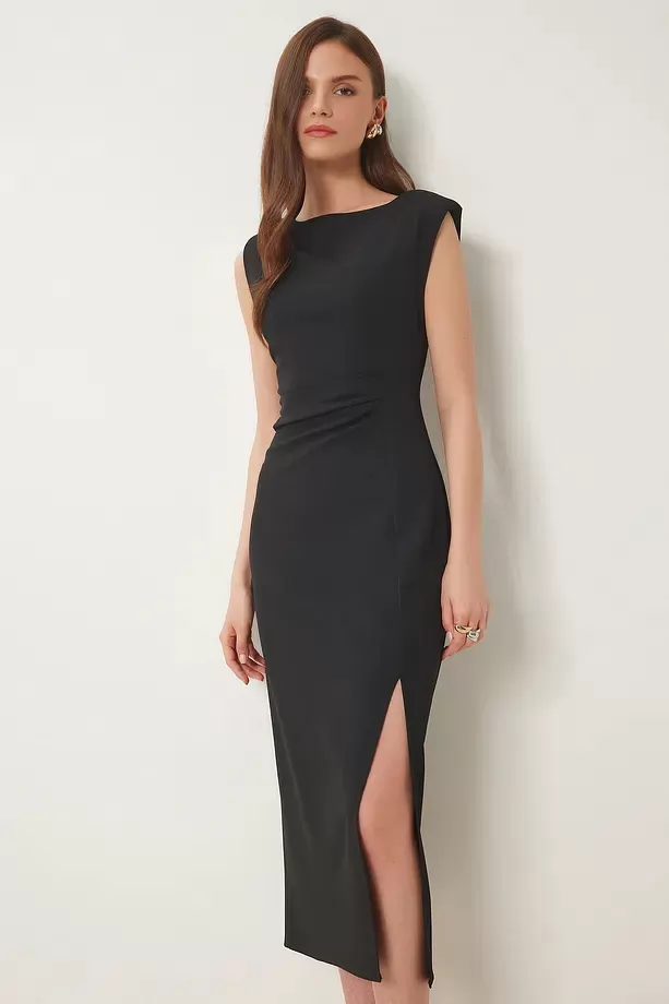 Vatkalı Drapeli Midi Dokuma Elbise SİYAH 